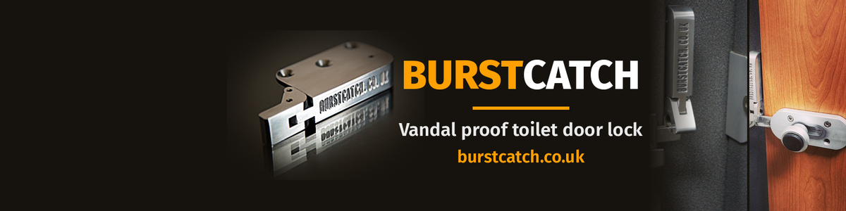 Burstcatch vandal proof toilet door lock banner with product and fitting photos